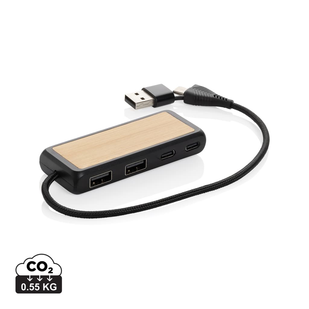 Link RCS recycled plastic and bamboo dual Input USB hub — Phone & Tablet accessories promotional product
